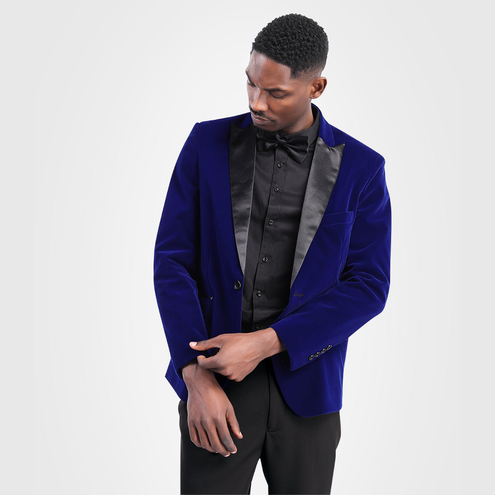 Blue # Men's slim fit velvet tuxedo jacket with satin peaked lapel and single-breasted button closure, blue formal blazer with three-button cuffs and fully lined interior, elegant velvet polyester spandex blend coat for prom, wedding, party and formal events, isolated on white background.