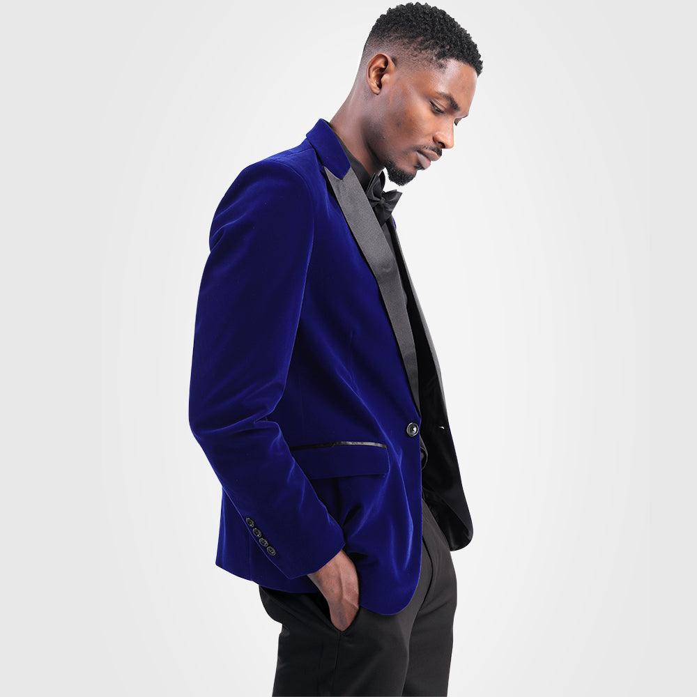 Blue # Men's slim fit velvet tuxedo jacket with satin peaked lapel and single-breasted button closure, blue formal blazer with three-button cuffs and fully lined interior, elegant velvet polyester spandex blend coat for prom, wedding, party and formal events, isolated on white background.