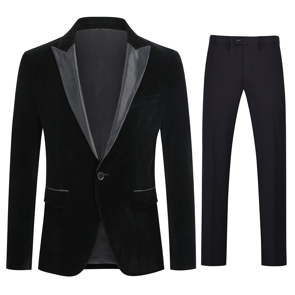 Black # Men's slim fit 2-piece pleuche velvet tuxedo suit with satin peaked lapel and single-breasted closure, black formal blazer jacket with center back vent and fully lined interior, matching flat-front trousers for wedding, prom, party and formal occasions, isolated on white background.