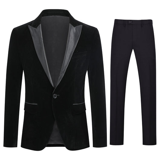 Black # Men's slim fit 2-piece pleuche velvet tuxedo suit with satin peaked lapel and single-breasted closure, black formal blazer jacket with center back vent and fully lined interior, matching flat-front trousers for wedding, prom, party and formal occasions, isolated on white background.