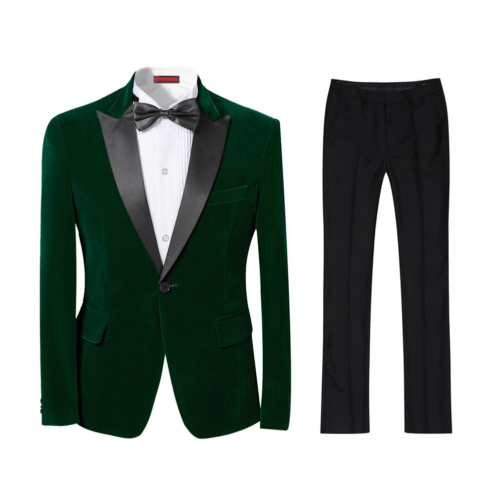 Green # Men's slim fit 2-piece pleuche velvet tuxedo suit with satin peaked lapel and single-breasted button closure, green formal blazer jacket with center back vent and fully lined interior, matching flat-front trousers for wedding, prom, party and formal occasions, isolated on white background.