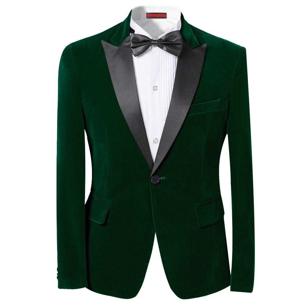 Green # Men's slim fit 2-piece pleuche velvet tuxedo suit with satin peaked lapel and single-breasted button closure, green formal blazer jacket with center back vent and fully lined interior, matching flat-front trousers for wedding, prom, party and formal occasions, isolated on white background.
