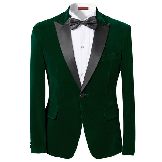 Green # Men's slim fit 2-piece pleuche velvet tuxedo suit with satin peaked lapel and single-breasted button closure, green formal blazer jacket with center back vent and fully lined interior, matching flat-front trousers for wedding, prom, party and formal occasions, isolated on white background.