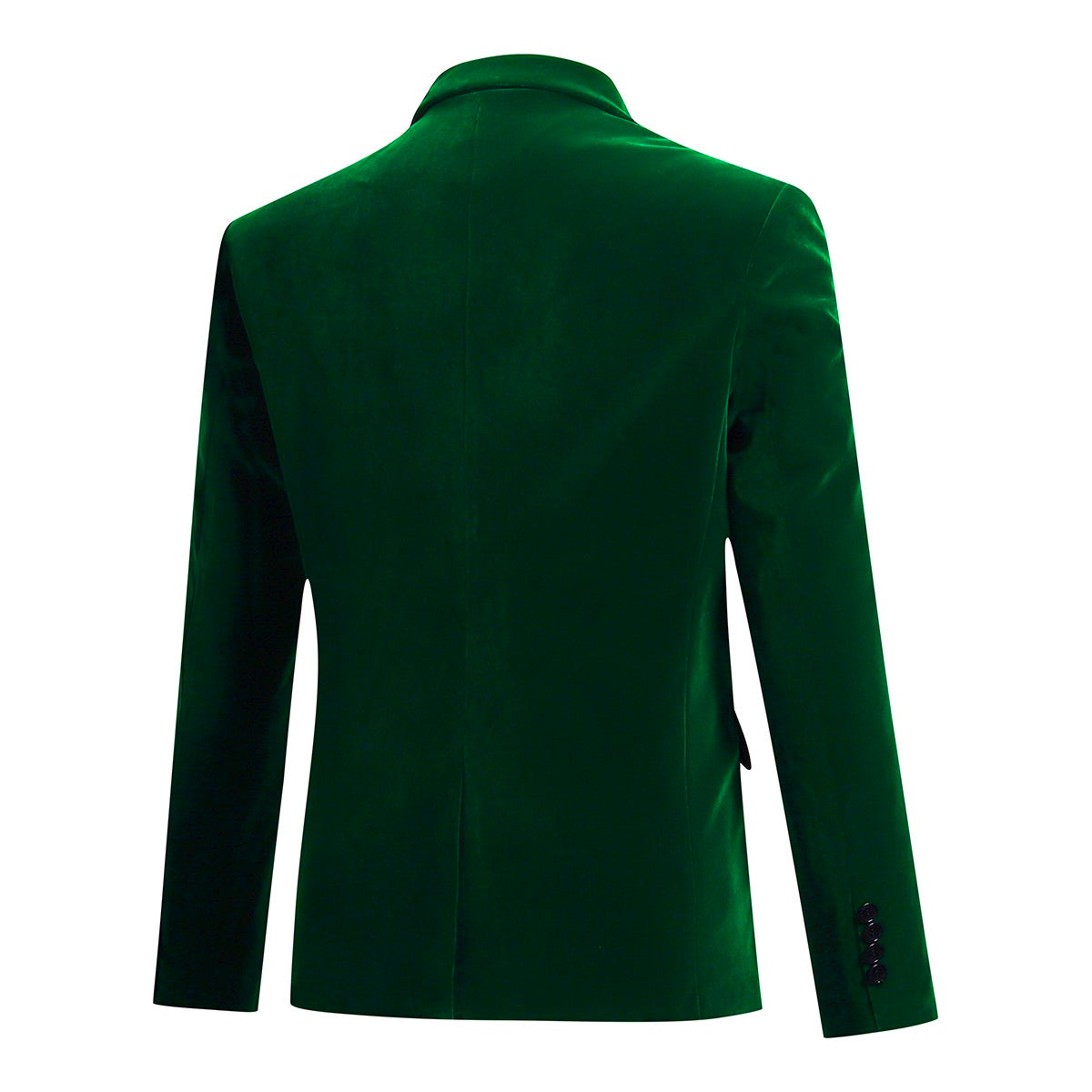 Green # Men's slim fit 2-piece pleuche velvet tuxedo suit with satin peaked lapel and single-breasted button closure, green formal blazer jacket with center back vent and fully lined interior, matching flat-front trousers for wedding, prom, party and formal occasions, isolated on white background.
