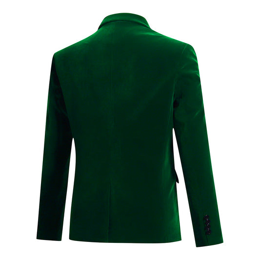 Green # Men's slim fit 2-piece pleuche velvet tuxedo suit with satin peaked lapel and single-breasted button closure, green formal blazer jacket with center back vent and fully lined interior, matching flat-front trousers for wedding, prom, party and formal occasions, isolated on white background.