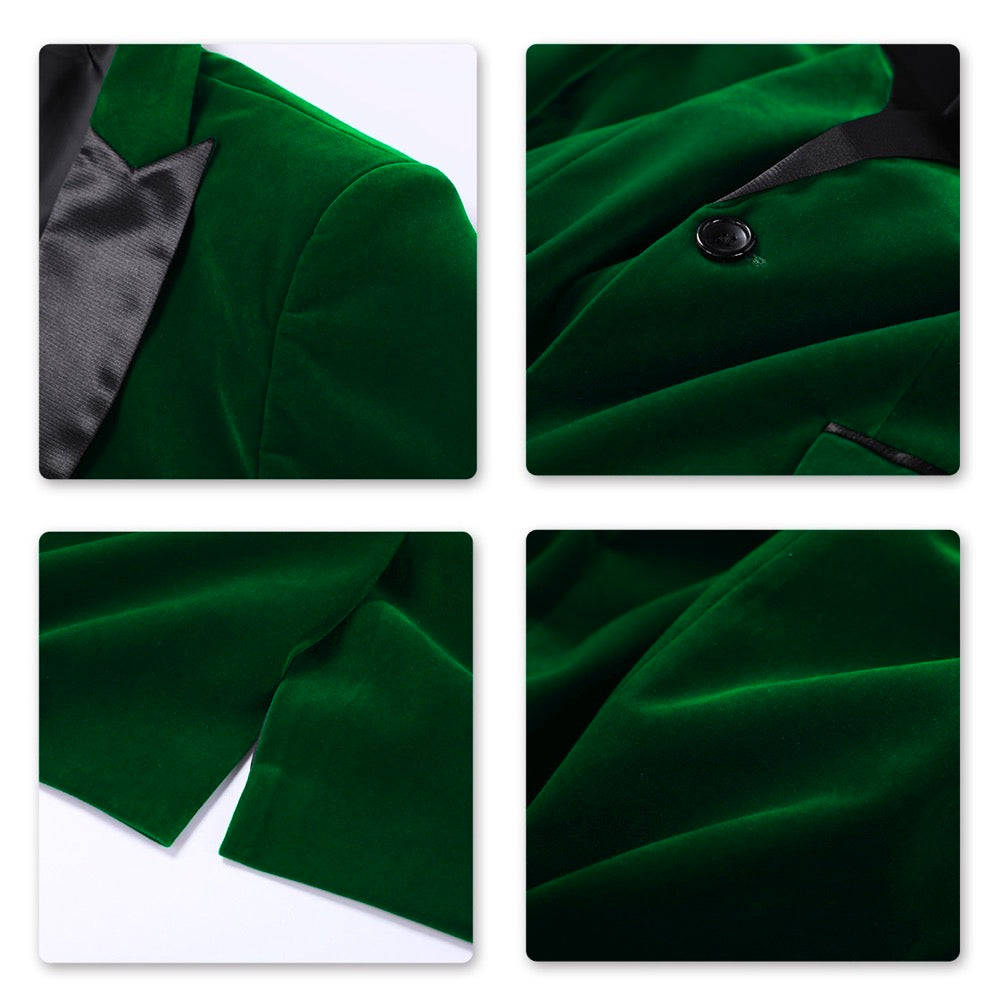 Green # Men's slim fit 2-piece pleuche velvet tuxedo suit with satin peaked lapel and single-breasted button closure, green formal blazer jacket with center back vent and fully lined interior, matching flat-front trousers for wedding, prom, party and formal occasions, isolated on white background.