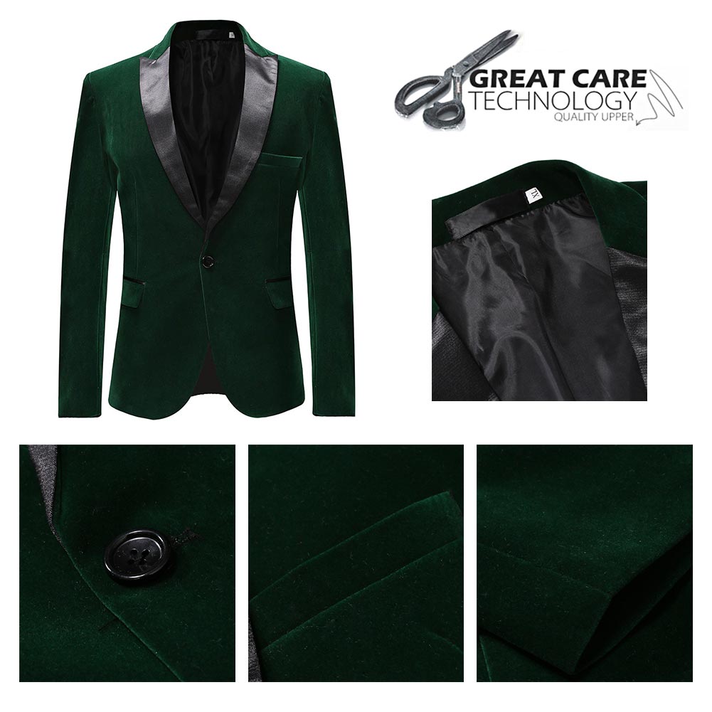 Green # Men's slim fit 2-piece pleuche velvet tuxedo suit with satin peaked lapel and single-breasted button closure, green formal blazer jacket with center back vent and fully lined interior, matching flat-front trousers for wedding, prom, party and formal occasions, isolated on white background.