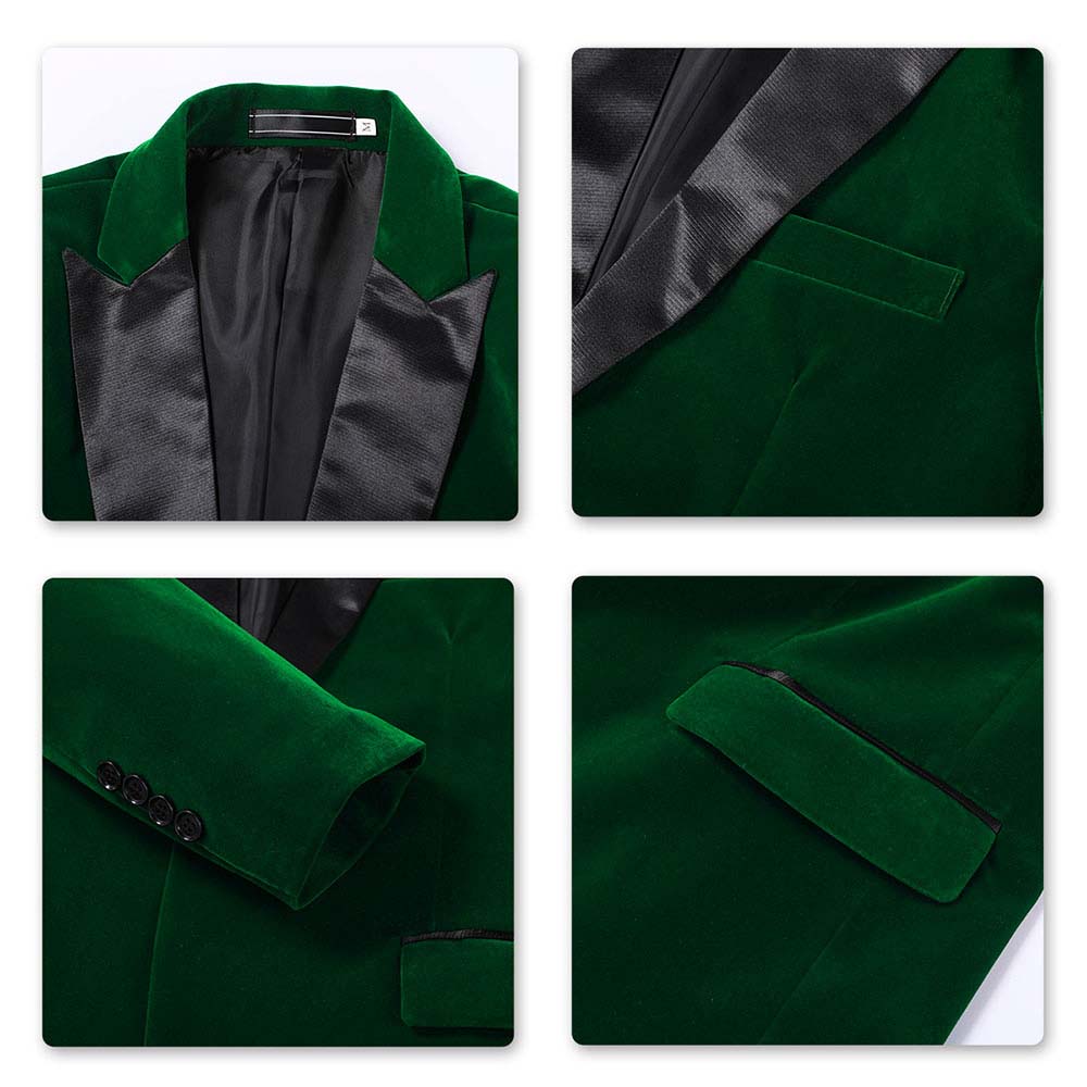 Green # Men's slim fit 2-piece pleuche velvet tuxedo suit with satin peaked lapel and single-breasted button closure, green formal blazer jacket with center back vent and fully lined interior, matching flat-front trousers for wedding, prom, party and formal occasions, isolated on white background.