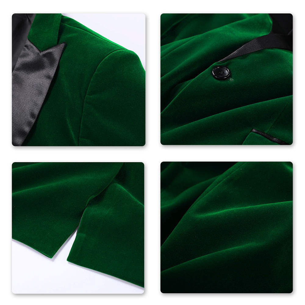 Green # Men's slim fit 2-piece pleuche velvet tuxedo suit with satin peaked lapel and single-breasted button closure, green formal blazer jacket with center back vent and fully lined interior, matching flat-front trousers for wedding, prom, party and formal occasions, isolated on white background.