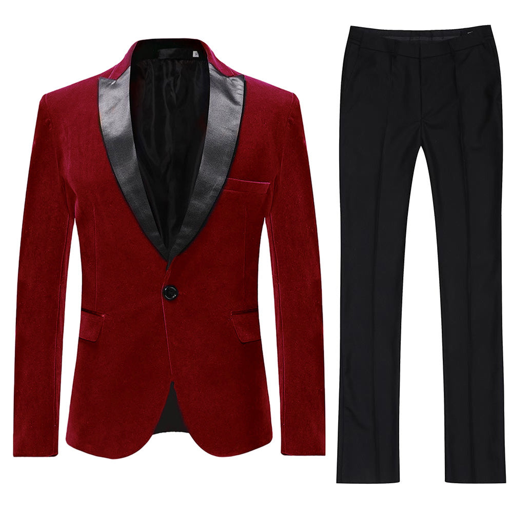 Maroon # Men's slim fit 2-piece pleuche velvet tuxedo suit with satin peaked lapel and single-breasted button closure, maroon formal blazer jacket with center vent and fully lined interior, matching flat-front trousers for wedding, prom, party and formal occasions, isolated on white background.