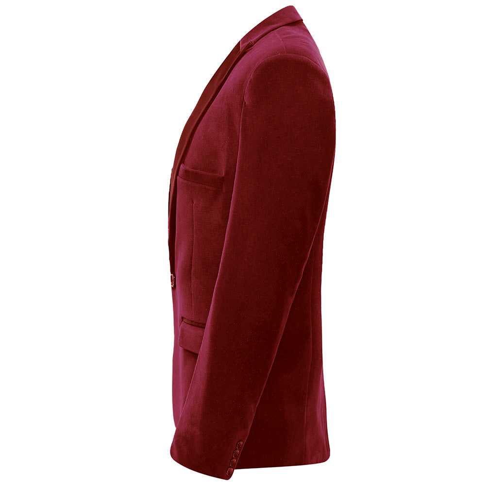 Maroon # Men's slim fit 2-piece pleuche velvet tuxedo suit with satin peaked lapel and single-breasted button closure, maroon formal blazer jacket with center vent and fully lined interior, matching flat-front trousers for wedding, prom, party and formal occasions, isolated on white background.