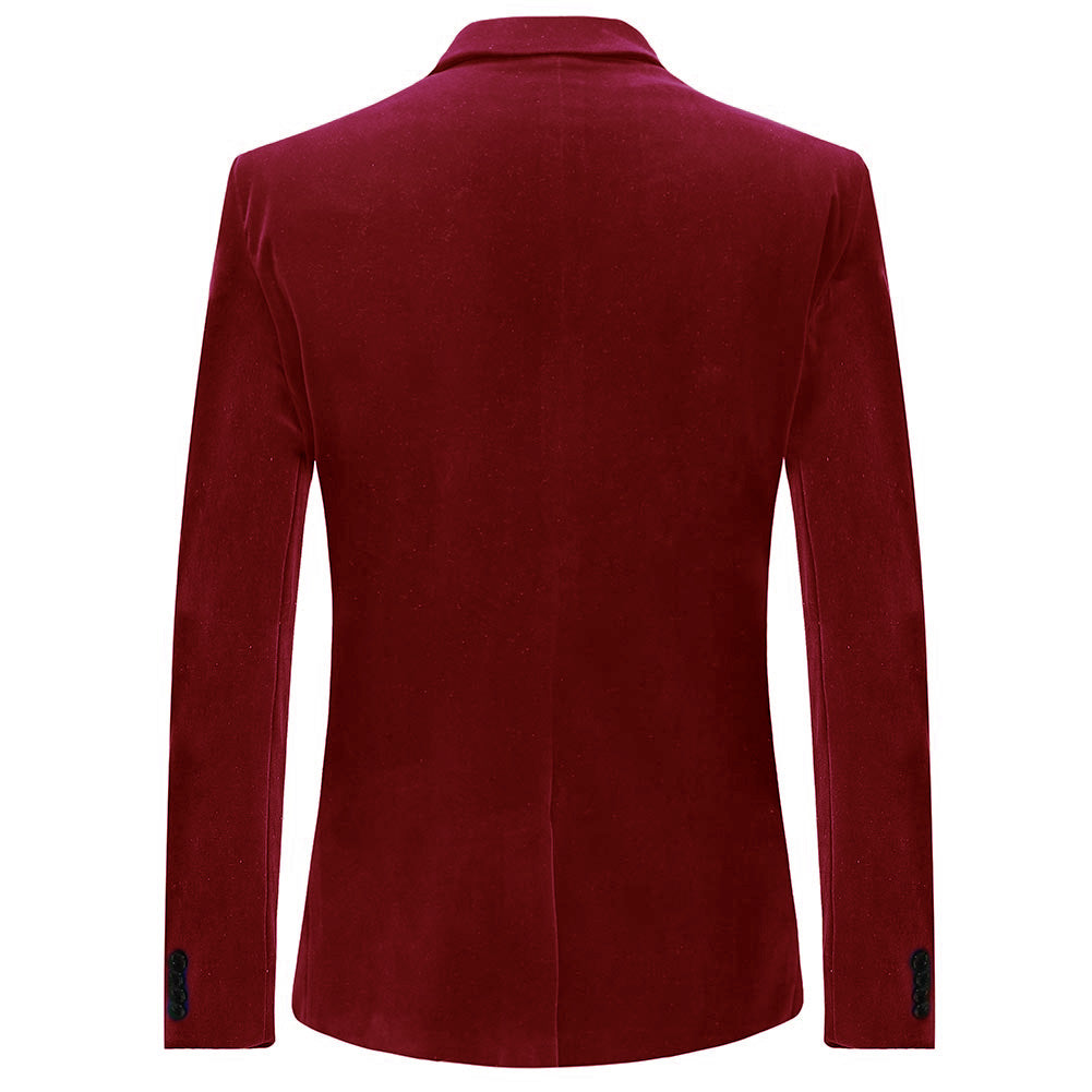 Maroon # Men's slim fit 2-piece pleuche velvet tuxedo suit with satin peaked lapel and single-breasted button closure, maroon formal blazer jacket with center vent and fully lined interior, matching flat-front trousers for wedding, prom, party and formal occasions, isolated on white background.
