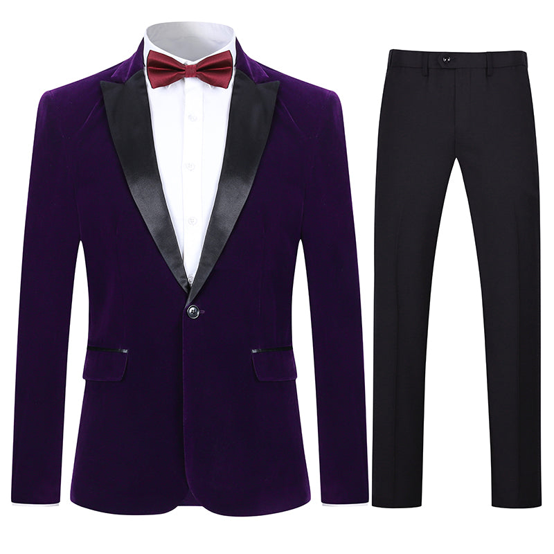 Purple # Men's slim fit 2-piece velvet tuxedo suit with satin peaked lapel and single-breasted button closure, purple pleuche formal blazer jacket with center back vent and fully lined interior, matching flat-front trousers for wedding, prom, party and formal occasions, isolated on white background.