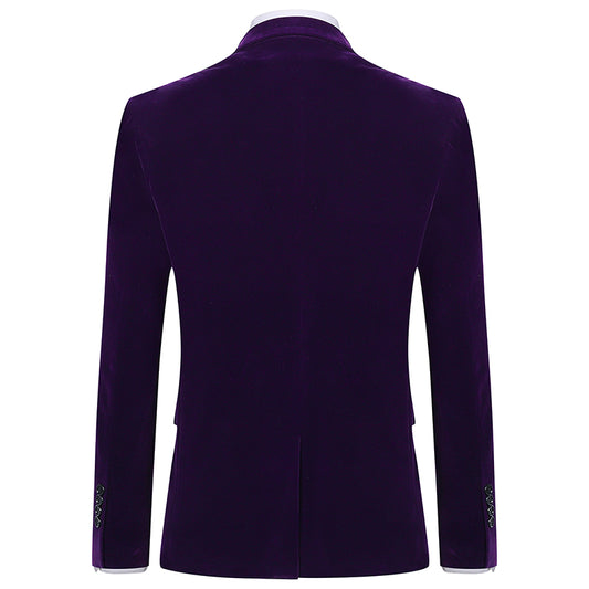 Purple # Men's slim fit 2-piece velvet tuxedo suit with satin peaked lapel and single-breasted button closure, purple pleuche formal blazer jacket with center back vent and fully lined interior, matching flat-front trousers for wedding, prom, party and formal occasions, isolated on white background.