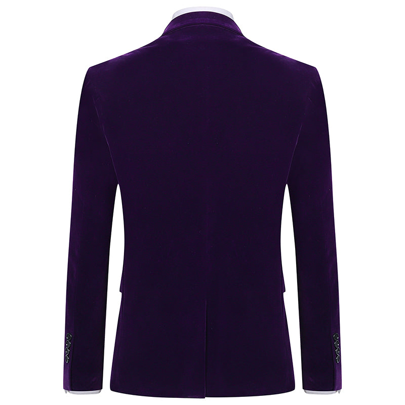 Purple # Men's slim fit 2-piece velvet tuxedo suit with satin peaked lapel and single-breasted button closure, purple pleuche formal blazer jacket with center back vent and fully lined interior, matching flat-front trousers for wedding, prom, party and formal occasions, isolated on white background.