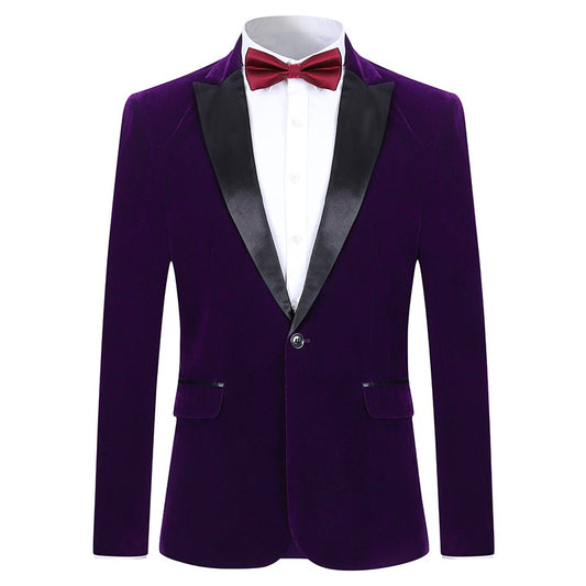 Purple # Men's slim fit 2-piece velvet tuxedo suit with satin peaked lapel and single-breasted button closure, purple pleuche formal blazer jacket with center back vent and fully lined interior, matching flat-front trousers for wedding, prom, party and formal occasions, isolated on white background.