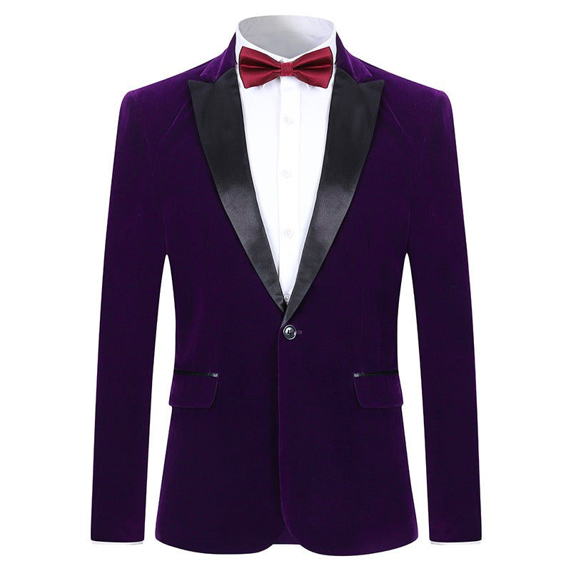Purple # Men's slim fit 2-piece velvet tuxedo suit with satin peaked lapel and single-breasted button closure, purple pleuche formal blazer jacket with center back vent and fully lined interior, matching flat-front trousers for wedding, prom, party and formal occasions, isolated on white background.