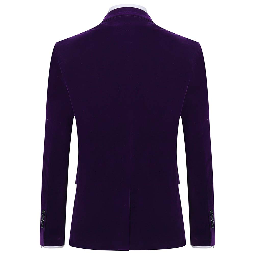Purple # Men's slim fit 2-piece velvet tuxedo suit with satin peaked lapel and single-breasted button closure, purple pleuche formal blazer jacket with center back vent and fully lined interior, matching flat-front trousers for wedding, prom, party and formal occasions, isolated on white background.