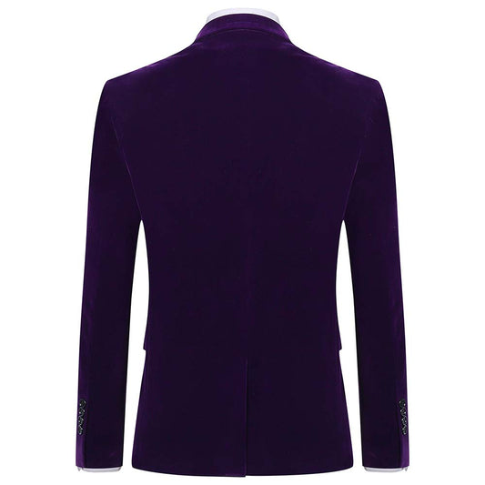 Purple # Men's slim fit 2-piece velvet tuxedo suit with satin peaked lapel and single-breasted button closure, purple pleuche formal blazer jacket with center back vent and fully lined interior, matching flat-front trousers for wedding, prom, party and formal occasions, isolated on white background.