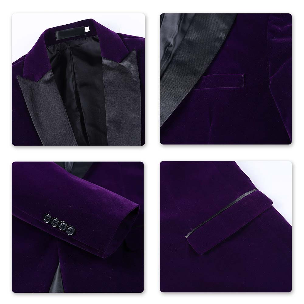 Purple # Men's slim fit 2-piece velvet tuxedo suit with satin peaked lapel and single-breasted button closure, purple pleuche formal blazer jacket with center back vent and fully lined interior, matching flat-front trousers for wedding, prom, party and formal occasions, isolated on white background.