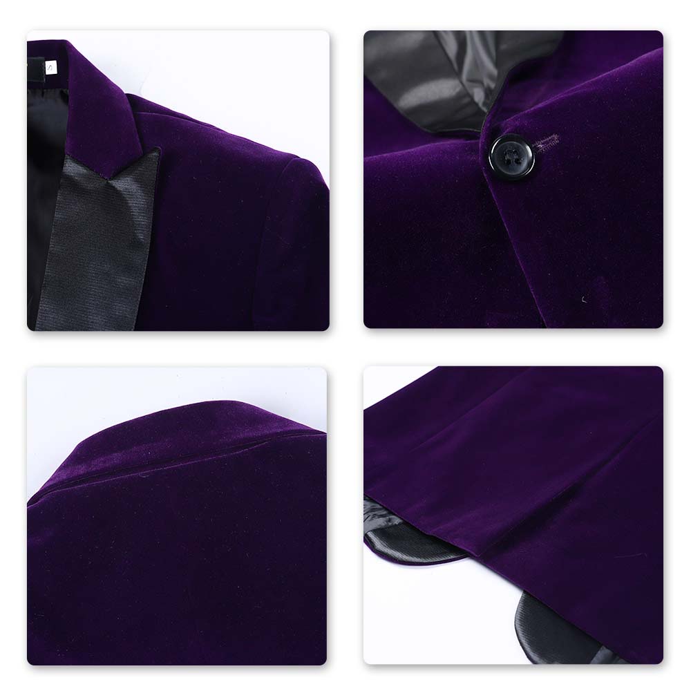 Purple # Men's slim fit 2-piece velvet tuxedo suit with satin peaked lapel and single-breasted button closure, purple pleuche formal blazer jacket with center back vent and fully lined interior, matching flat-front trousers for wedding, prom, party and formal occasions, isolated on white background.