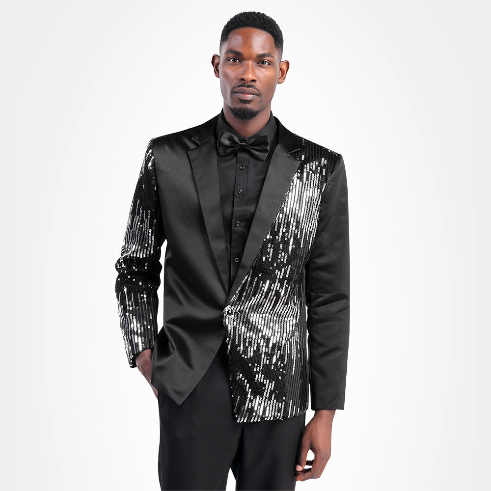 Black # Men's prom stylish round sequin blazer with exquisite button closure, shiny black sequin suit jacket with unique design for party, prom, wedding and stage performance, isolated on white background.