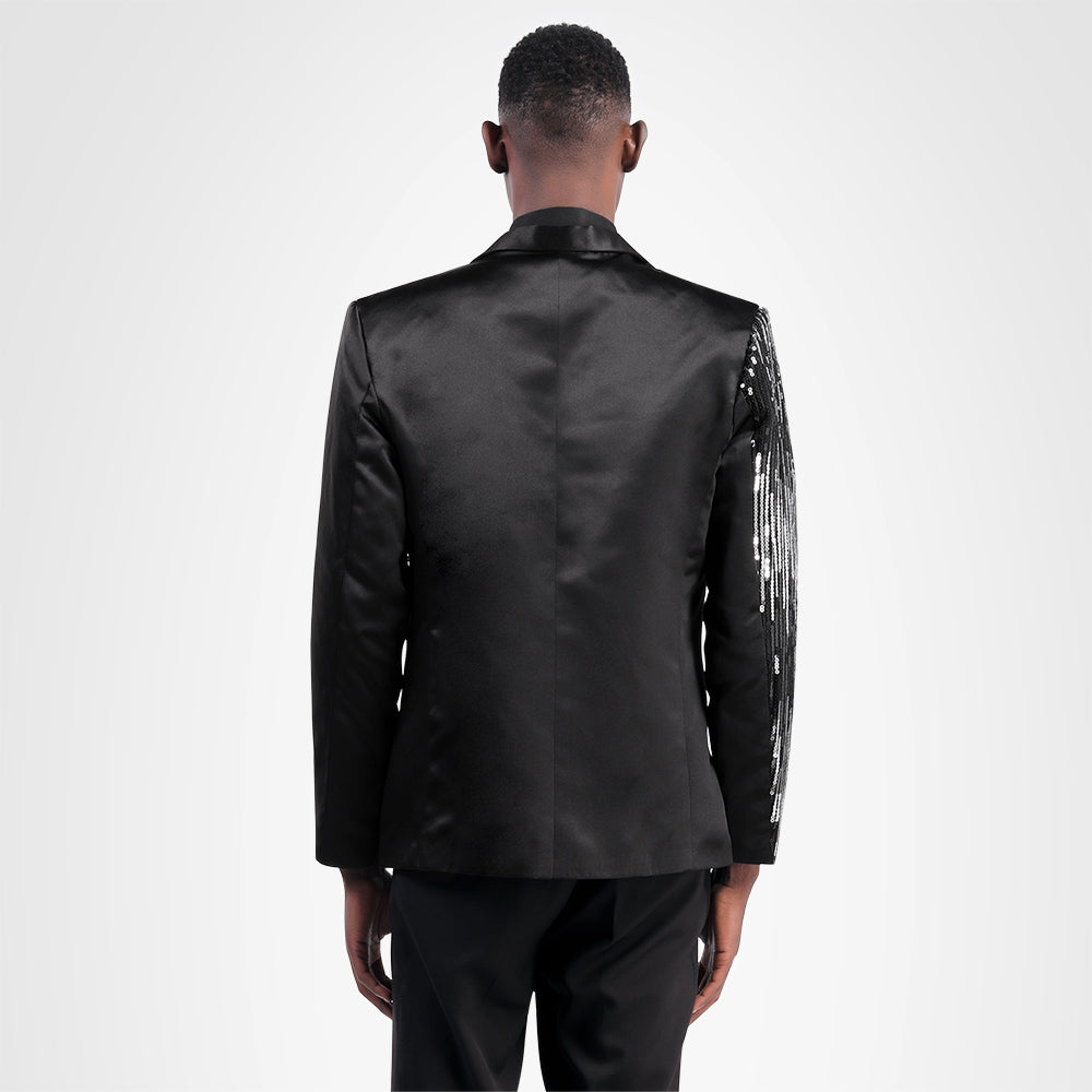 Black # Men's prom stylish round sequin blazer with exquisite button closure, shiny black sequin suit jacket with unique design for party, prom, wedding and stage performance, isolated on white background.