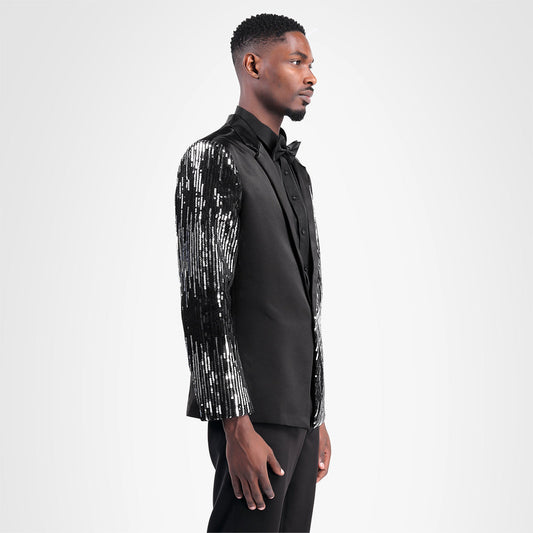 Black # Men's prom stylish round sequin blazer with exquisite button closure, shiny black sequin suit jacket with unique design for party, prom, wedding and stage performance, isolated on white background.