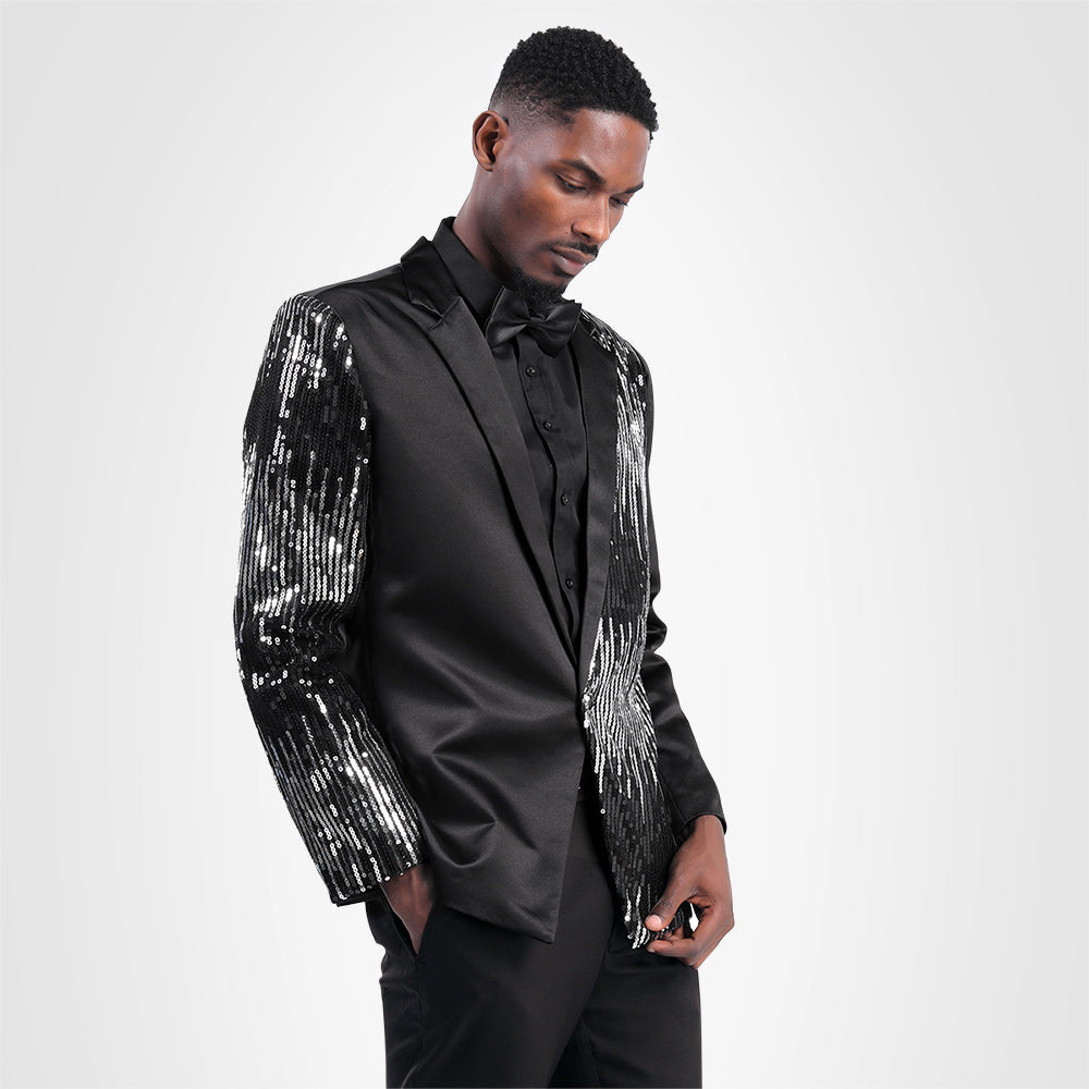 Black # Men's prom stylish round sequin blazer with exquisite button closure, shiny black sequin suit jacket with unique design for party, prom, wedding and stage performance, isolated on white background.