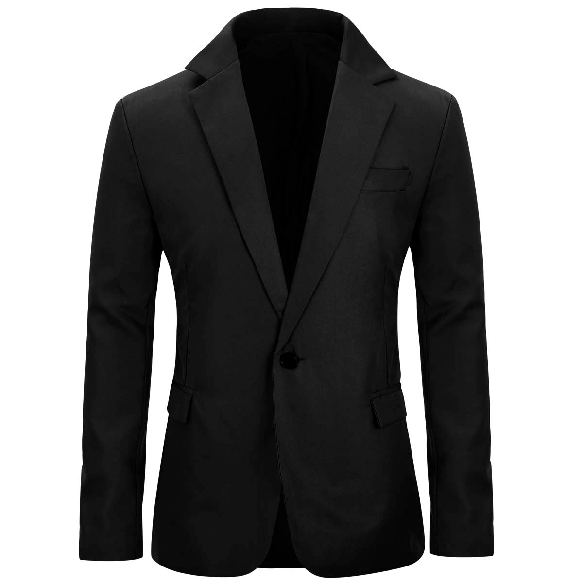 Black # Men's slim fit one-button casual blazer with notched lapel and dual side vents, black tailored sport coat with two front flap pockets and shiny fabric for business, office, wedding and daily wear, isolated on white background.
