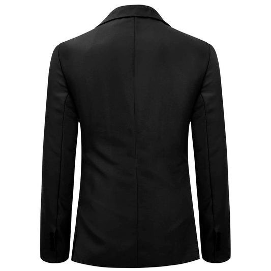 Black # Men's slim fit one-button casual blazer with notched lapel and dual side vents, black tailored sport coat with two front flap pockets and shiny fabric for business, office, wedding and daily wear, isolated on white background.