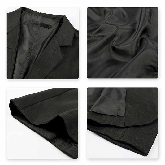 Black # Men's slim fit one-button casual blazer with notched lapel and dual side vents, black tailored sport coat with two front flap pockets and shiny fabric for business, office, wedding and daily wear, isolated on white background.