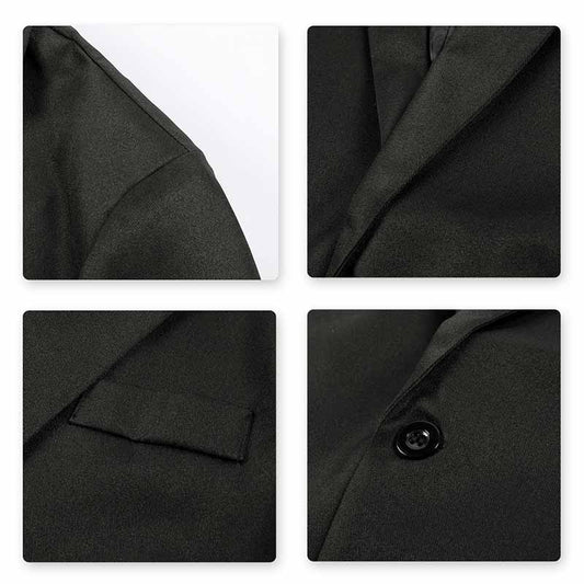 Black # Men's slim fit one-button casual blazer with notched lapel and dual side vents, black tailored sport coat with two front flap pockets and shiny fabric for business, office, wedding and daily wear, isolated on white background.