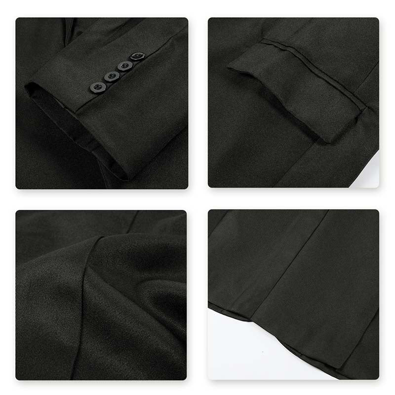 Black # Men's slim fit one-button casual blazer with notched lapel and dual side vents, black tailored sport coat with two front flap pockets and shiny fabric for business, office, wedding and daily wear, isolated on white background.