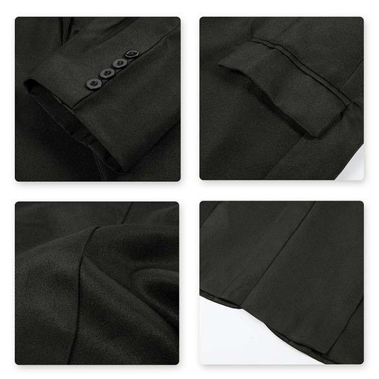 Black # Men's slim fit one-button casual blazer with notched lapel and dual side vents, black tailored sport coat with two front flap pockets and shiny fabric for business, office, wedding and daily wear, isolated on white background.