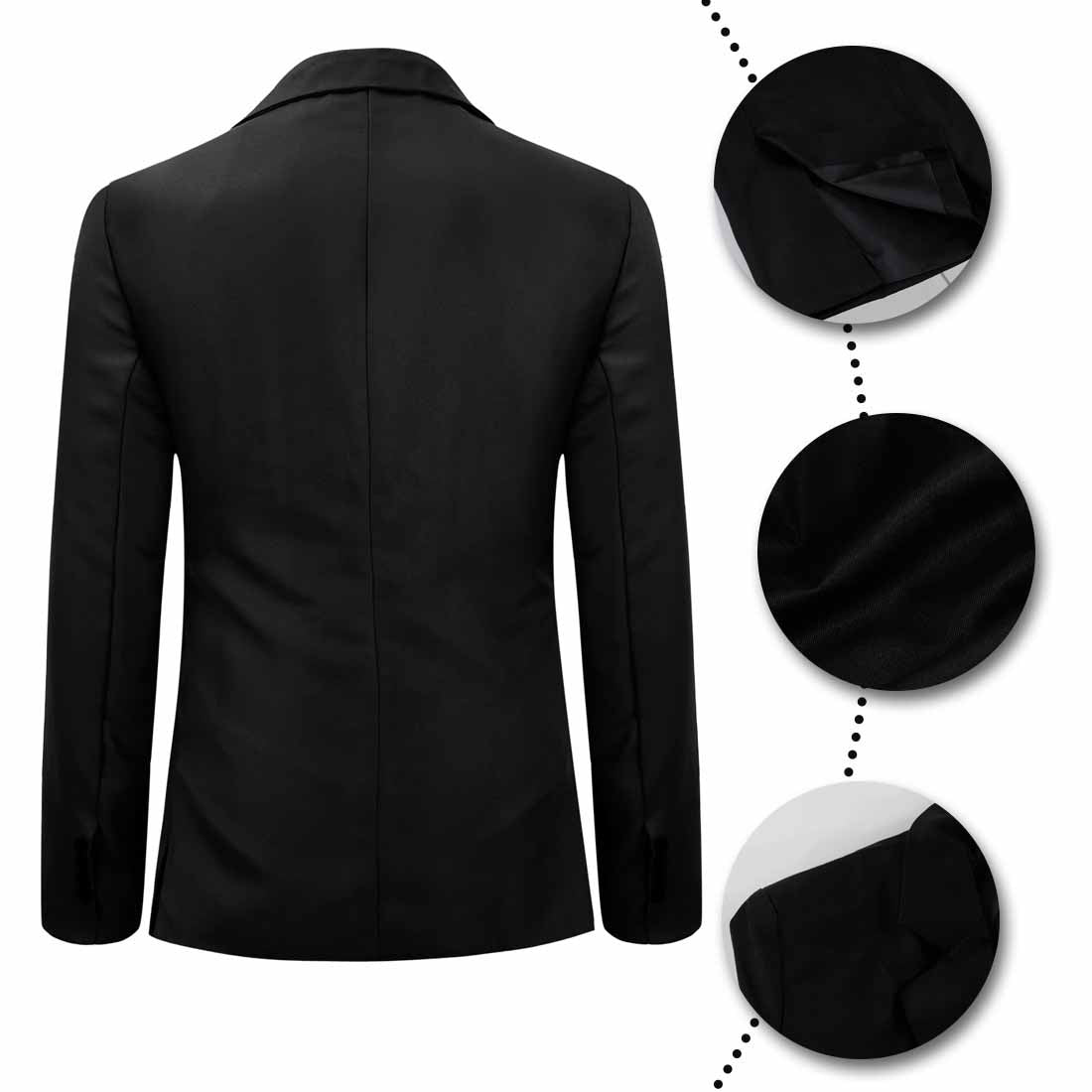Black # Men's slim fit one-button casual blazer with notched lapel and dual side vents, black tailored sport coat with two front flap pockets and shiny fabric for business, office, wedding and daily wear, isolated on white background.