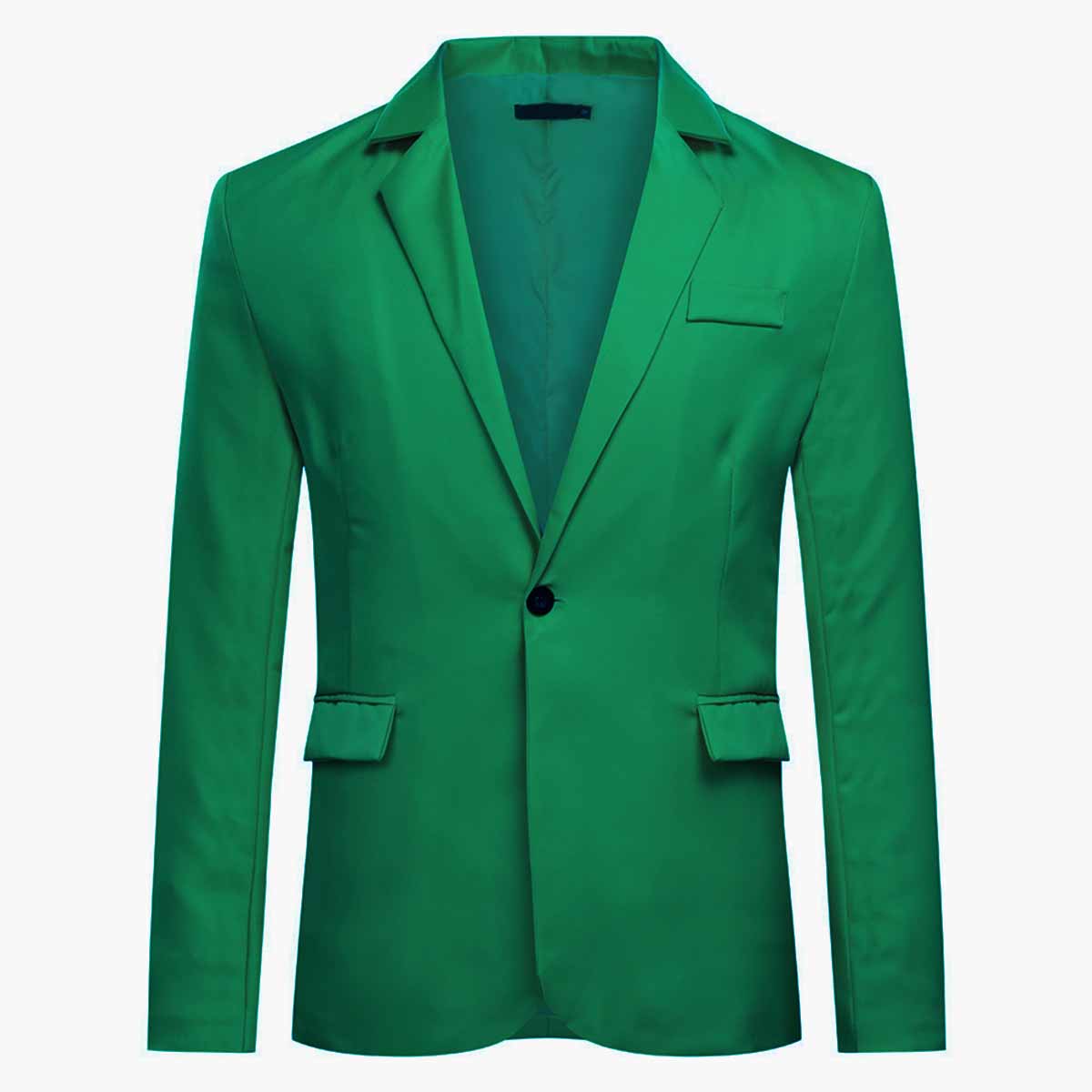 Green # Men's slim fit casual blazer jacket with one-button notched lapel and dual side vents, green tailored-fit sport coat with two front flap pockets and subtle shiny fabric for business, office, wedding and daily wear, isolated on white background.