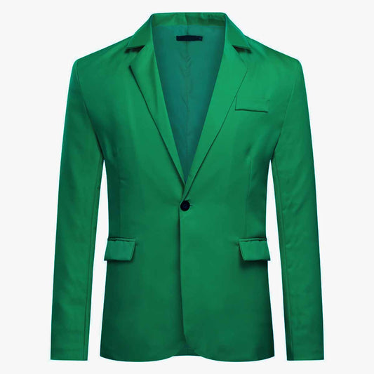 Green # Men's slim fit casual blazer jacket with one-button notched lapel and dual side vents, green tailored-fit sport coat with two front flap pockets and subtle shiny fabric for business, office, wedding and daily wear, isolated on white background.