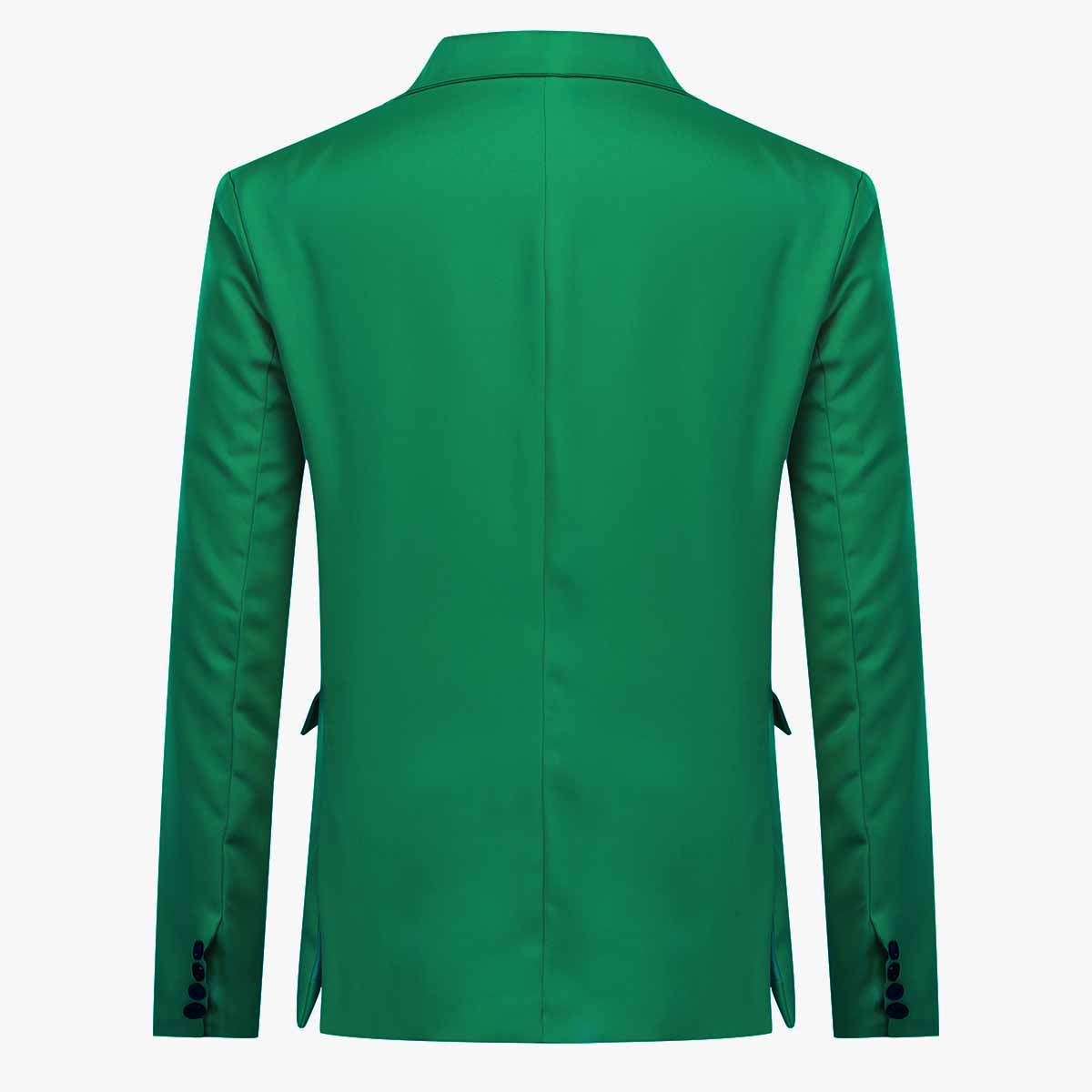Green # Men's slim fit casual blazer jacket with one-button notched lapel and dual side vents, green tailored-fit sport coat with two front flap pockets and subtle shiny fabric for business, office, wedding and daily wear, isolated on white background.
