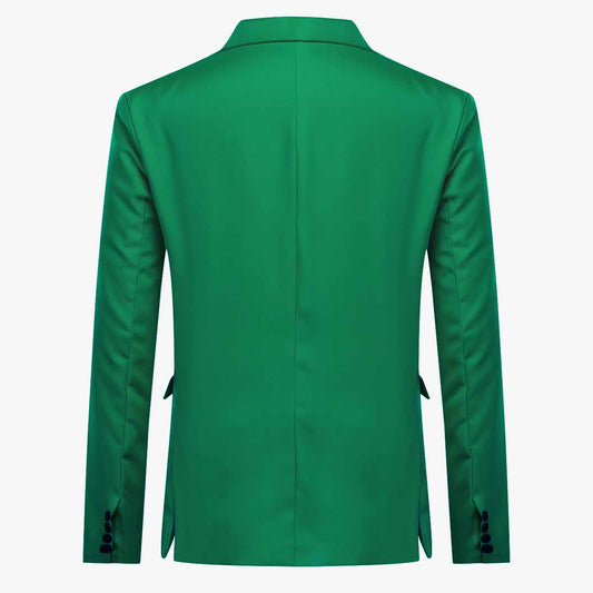 Green # Men's slim fit casual blazer jacket with one-button notched lapel and dual side vents, green tailored-fit sport coat with two front flap pockets and subtle shiny fabric for business, office, wedding and daily wear, isolated on white background.
