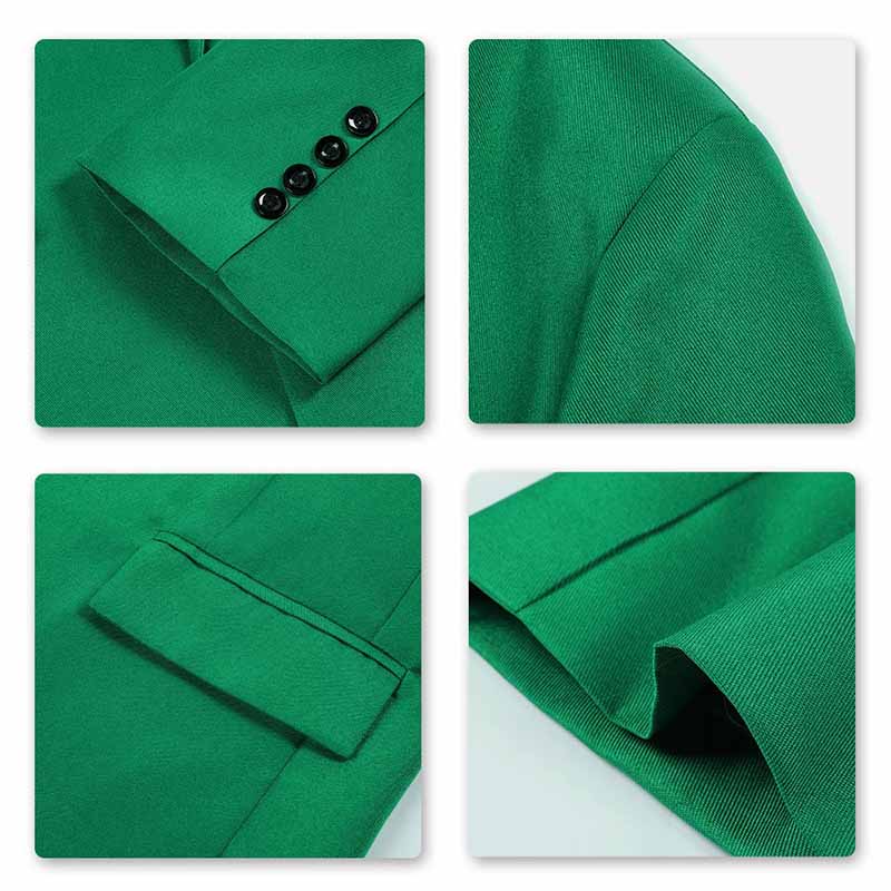 Green # Men's slim fit casual blazer jacket with one-button notched lapel and dual side vents, green tailored-fit sport coat with two front flap pockets and subtle shiny fabric for business, office, wedding and daily wear, isolated on white background.