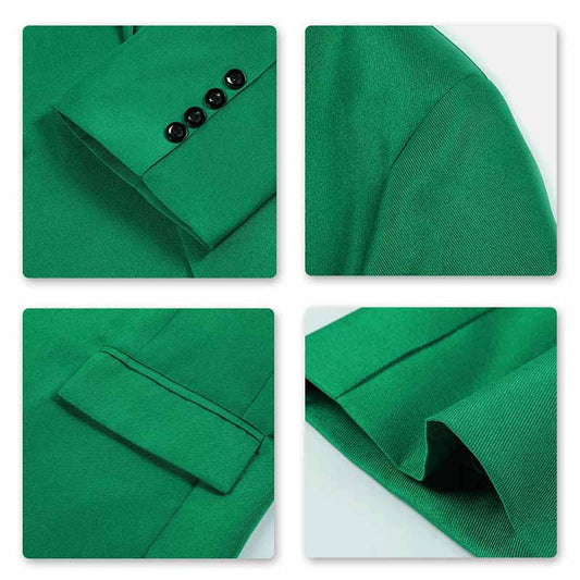 Green # Men's slim fit casual blazer jacket with one-button notched lapel and dual side vents, green tailored-fit sport coat with two front flap pockets and subtle shiny fabric for business, office, wedding and daily wear, isolated on white background.