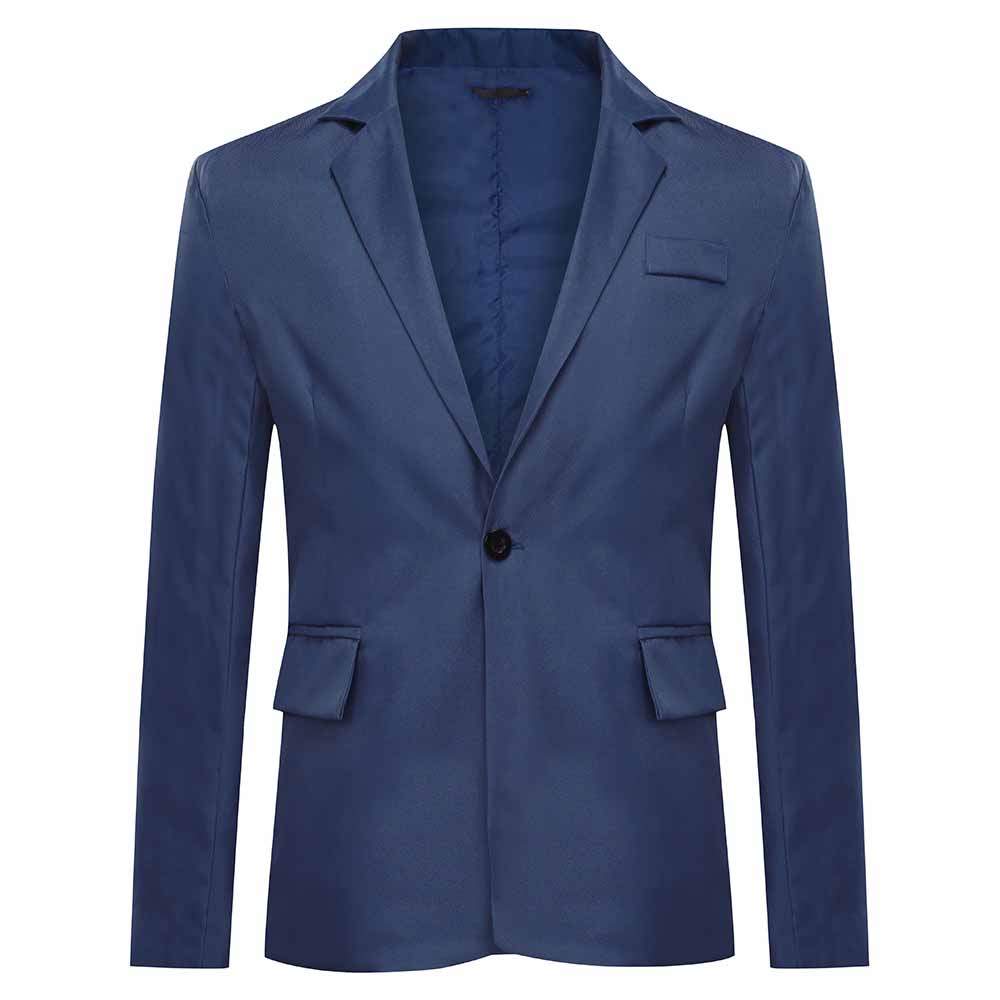 Navy # Men's slim fit one-button casual blazer with notched lapel and dual side vents, navy tailored sport coat with two front flap pockets and little shiny fabric, versatile cotton polyester blend jacket for business casual, office, party and daily wear, isolated on white background.