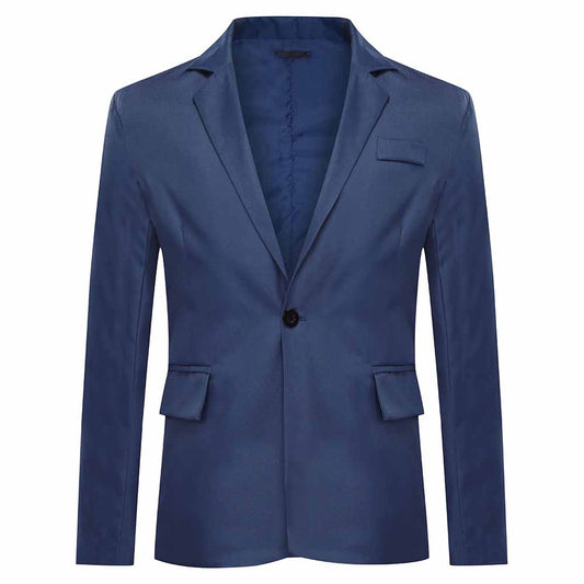 Navy # Men's slim fit one-button casual blazer with notched lapel and dual side vents, navy tailored sport coat with two front flap pockets and little shiny fabric, versatile cotton polyester blend jacket for business casual, office, party and daily wear, isolated on white background.