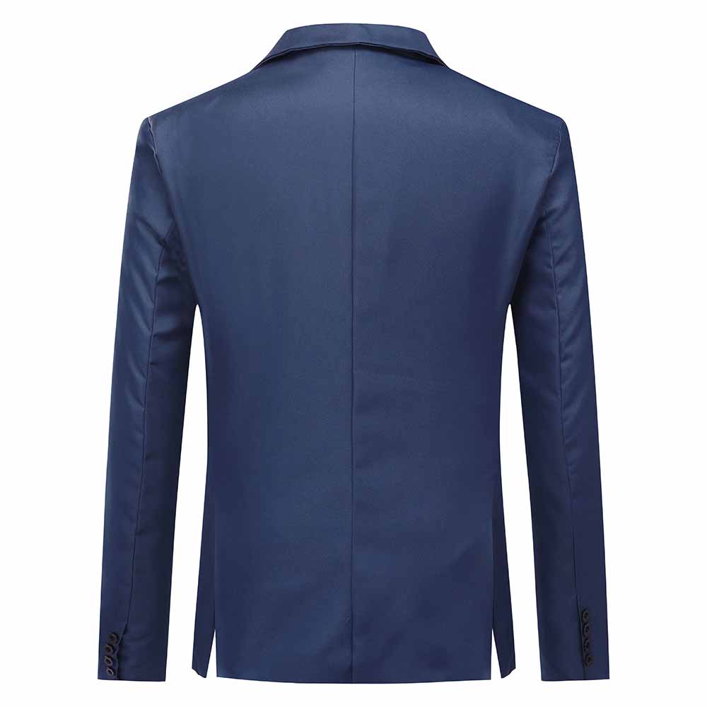 Navy # Men's slim fit one-button casual blazer with notched lapel and dual side vents, navy tailored sport coat with two front flap pockets and little shiny fabric, versatile cotton polyester blend jacket for business casual, office, party and daily wear, isolated on white background.
