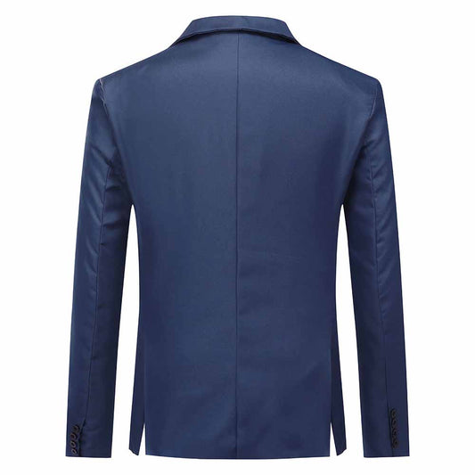 Navy # Men's slim fit one-button casual blazer with notched lapel and dual side vents, navy tailored sport coat with two front flap pockets and little shiny fabric, versatile cotton polyester blend jacket for business casual, office, party and daily wear, isolated on white background.