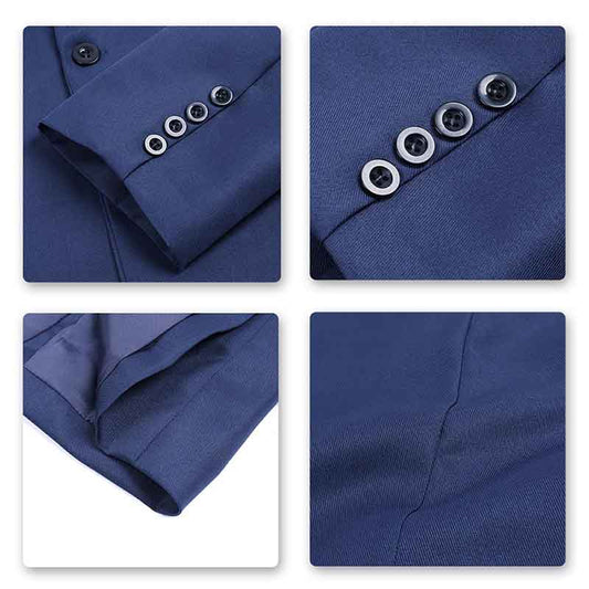Navy # Men's slim fit one-button casual blazer with notched lapel and dual side vents, navy tailored sport coat with two front flap pockets and little shiny fabric, versatile cotton polyester blend jacket for business casual, office, party and daily wear, isolated on white background.