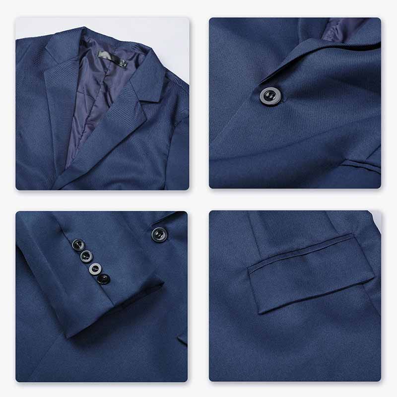Navy # Men's slim fit one-button casual blazer with notched lapel and dual side vents, navy tailored sport coat with two front flap pockets and little shiny fabric, versatile cotton polyester blend jacket for business casual, office, party and daily wear, isolated on white background.