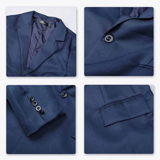 Navy # Men's slim fit one-button casual blazer with notched lapel and dual side vents, navy tailored sport coat with two front flap pockets and little shiny fabric, versatile cotton polyester blend jacket for business casual, office, party and daily wear, isolated on white background.
