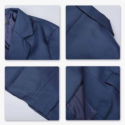 Navy # Men's slim fit one-button casual blazer with notched lapel and dual side vents, navy tailored sport coat with two front flap pockets and little shiny fabric, versatile cotton polyester blend jacket for business casual, office, party and daily wear, isolated on white background.